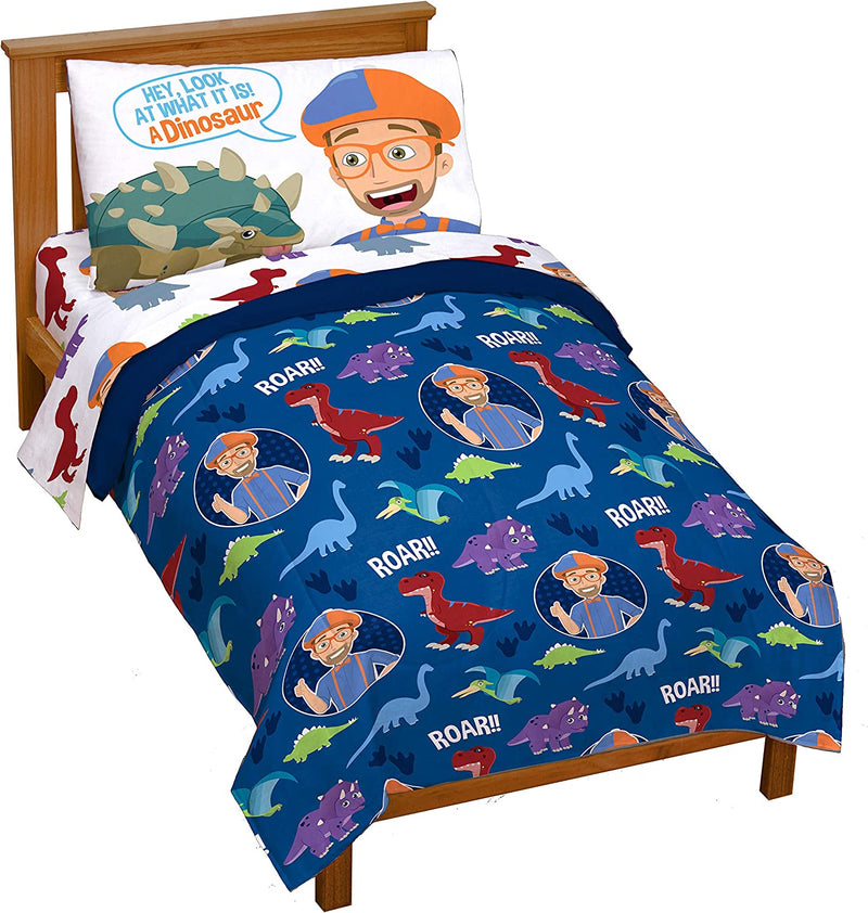 Jay Franco Blippi Dino Fun 4 Piece Toddler Bed Set – Super Soft Microfiber Bed Set Includes Toddler Size Comforter & Sheet Set Bedding (Official Blippi Product) Home & Garden > Linens & Bedding > Bedding Jay Franco & Sons, Inc. Blue - Blippi Toddler 