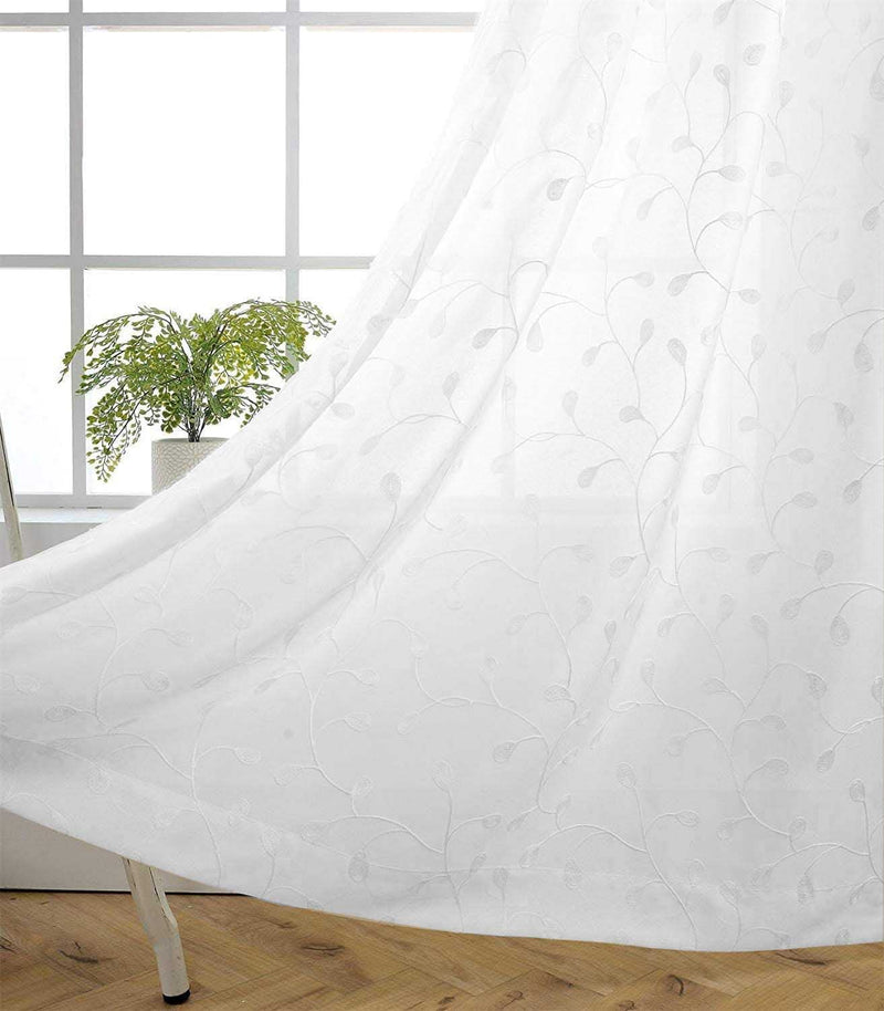 MIUCO Floral Embroidered Semi Sheer Curtains Faux Linen Grommet Window Curtains for Bedroom Living Room 84 Inches Long 2 Panels, Pure White