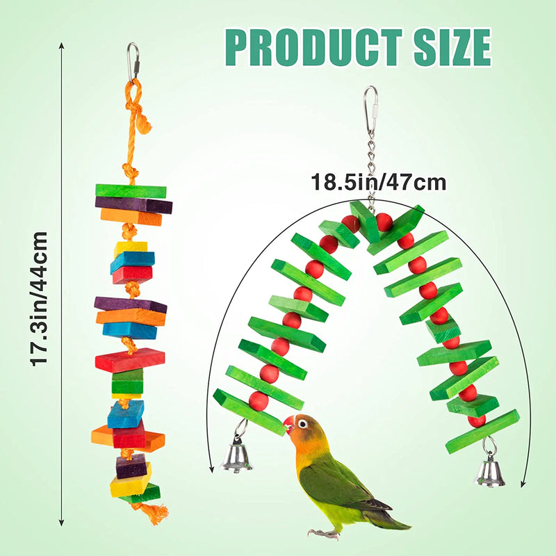 MEWTOGO 2Pcs Bird Toys - Green Bendable Parrot Toy and Multicolored Natural Wooden Blocks Bird Chewing Toy for Cockatoos African Grey Macaws Cockatiel and Parrots Animals & Pet Supplies > Pet Supplies > Bird Supplies > Bird Toys MEWTOGO   