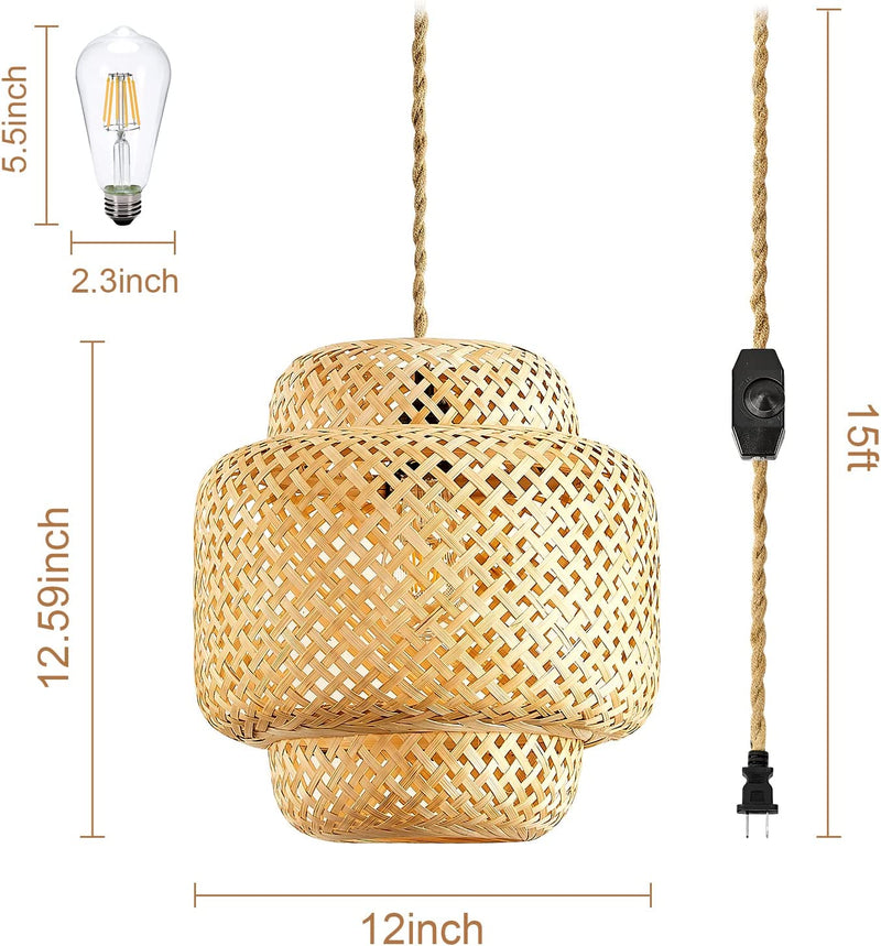 Yarra Decor Rattan Pendant Light with Dimmable Switch, 15Ft Hemp Cord Handwoven Boho Bamboo Rattan Lamp Shade Plug in Hanging Light, Rattan Light Fixture for Kitchen Island,Dining Room(Bulb Included)1 Home & Garden > Lighting > Lighting Fixtures Yarra-Decor   