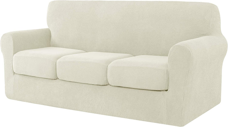 Ouka Slipcover with 3-Piece Separate Cushion Cover, High Stretch Couch Cover, Soft Protector for Sofa with Separate Cushions(Large,Ivory White) Home & Garden > Decor > Chair & Sofa Cushions Ouka Ivory White Large 