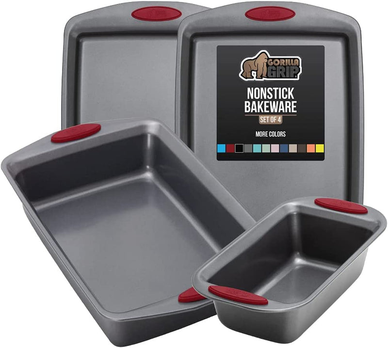 Gorilla Grip Nonstick, Heavy Duty, Carbon Steel Bakeware Sets, 4 Piece Kitchen Baking Set, Rust Resistant, Silicone Handles, 2 Large Cookie Sheets, 1 Roasting Pan and 1 Bread Loaf Pan, Turquoise Home & Garden > Kitchen & Dining > Cookware & Bakeware Hills Point Industries, LLC Red Bakeware Sets Set of 4