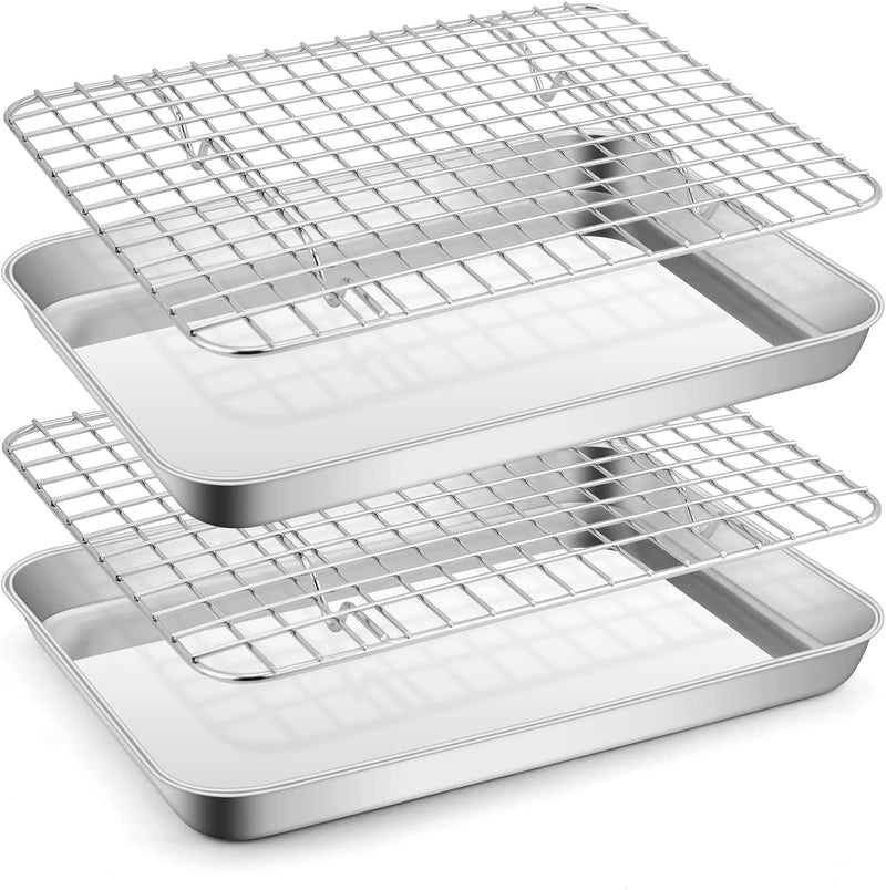 Stainless Steel Baking Sheet with Rack Set, E-Far 16”X12” Cookie Sheet Pan for Oven, Rimmed Metal Tray with Wire Cooling Rack for Cooking Roasting Resting Bacon Meat Steak - Dishwasher Safe Home & Garden > Kitchen & Dining > Cookware & Bakeware E-far 12.4”x9.7”  