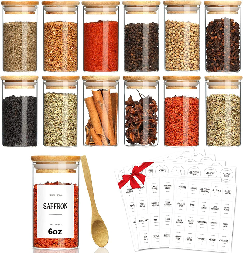 GMISUN Spice Jars with Bamboo Lids, 12 Pcs 6Oz Glass Spice Container with 225 Pcs Spice Labels, Empty round Spice Bottles with Wood Airtight Lid, Farmhouse Food Storage Jars & Canisters with Spoon Home & Garden > Decor > Decorative Jars GM GMISUN   