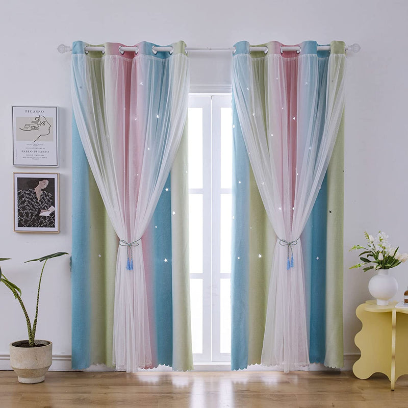 Star Cutout Girls Kids Room Curtains for Bedroom Living Room Decor Rainbow Ombre Gradient Darken Double Layer Window Cute Curtains ,W 52 X L63 Inches,Grey,Pink,Blue.2 Panels