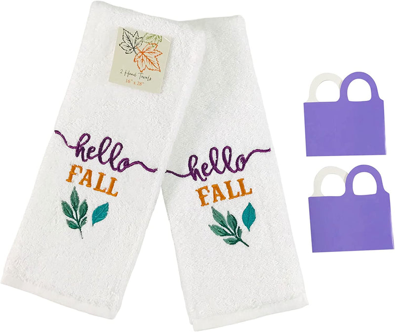 Fall Hand Towels: Ivory Cotton Towels with Hello Fall Leaves for Home Décor and Everyday, 2 Piece Set,16" X 28" Inch Home & Garden > Linens & Bedding > Towels Serafina Home Hello Fall  