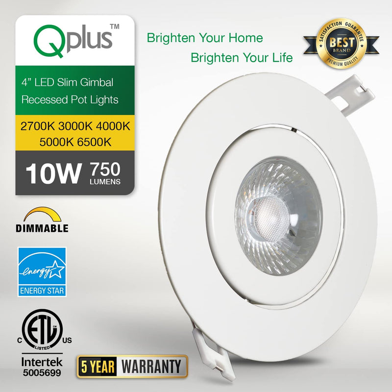 QPLUS 4 Inch Ultra-Thin Adjustable Eyeball Gimbal LED Recessed Lighting with Junction Box/Canless Downlight, 10 Watts, 750Lm, Dimmable, Energy Star and ETL Listed (5000K Day Light, 12 Pack) Home & Garden > Lighting > Flood & Spot Lights QPLUS   