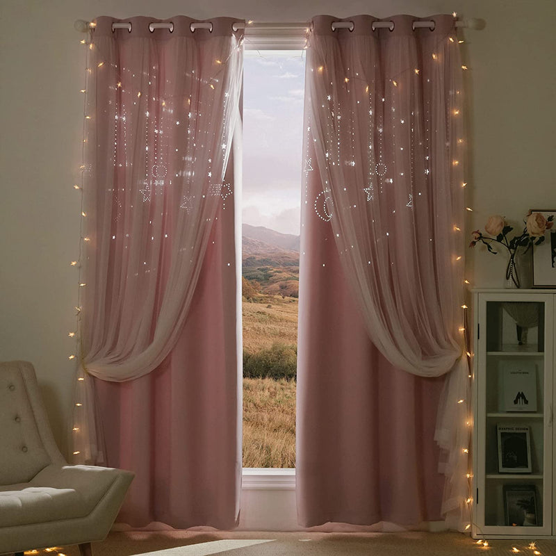 NICETOWN Stars and Moon Hollow-Out Blackout Curtains for Kids Room / Nursery, Grommet Top 2 Layer Window Treatment Curtain Panels for Living Room / Thanksgiving (2-Pack, W52 X L84 Inches, Navy Blue) Home & Garden > Decor > Window Treatments > Curtains & Drapes NICETOWN Baby Pink W52 x L84 