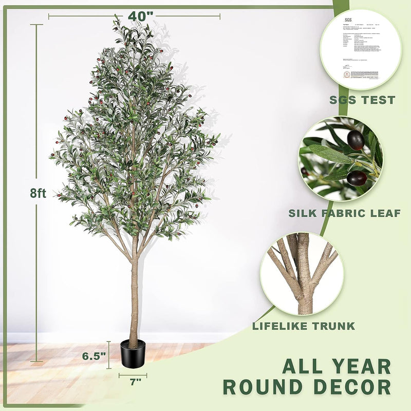 LYERSE Artificial Olive Tree, Tall 8 Feet Fake Potted Olive Silk Tree with Planter, Large Faux House Plants Decoration for Home Office Decor