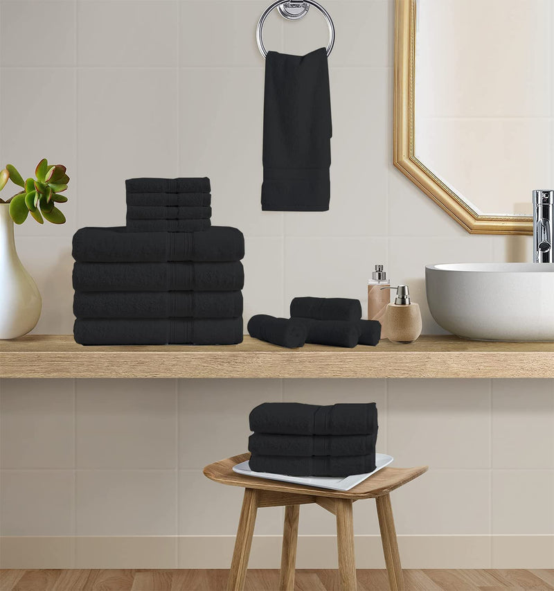 Luxurious 16 Piece 600 GSM 100% Combed Cotton Bath Towels Sets for Bathroom, Premium Quality Bathroom Towel Sets, Absorbent,Towels Large Bathroom (4 Bath Towels, 4 Hand Towels, 8 Wash Cloths) - Black Home & Garden > Linens & Bedding > Towels Chateau Home Collection   