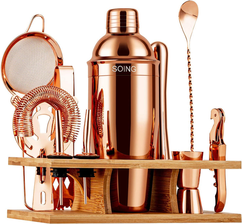 Soing 11-Piece Gold Bartender Kit,Perfect Home Cocktail Shaker Set for Drink Mixing,Stainless Steel Bar Tools with Stand,Velvet Carry Bag & Cocktail Recipes Cards (Gold) Home & Garden > Kitchen & Dining > Barware SOING Rose Copper  
