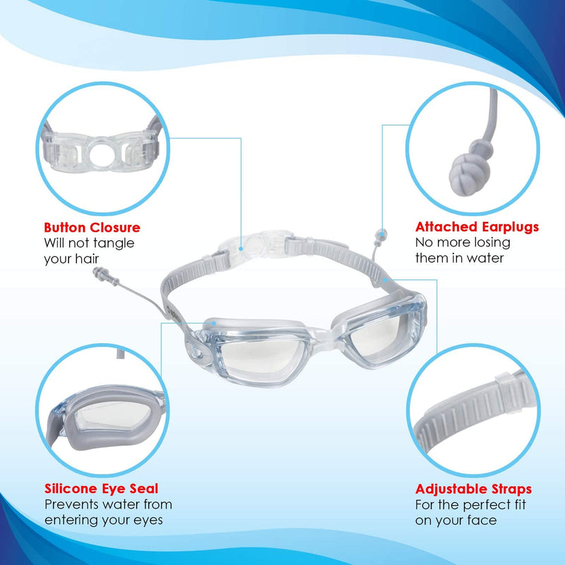 Swim Goggles with Ear Plugs for Men & Women - anti Fog Lenses, Adjustable Straps