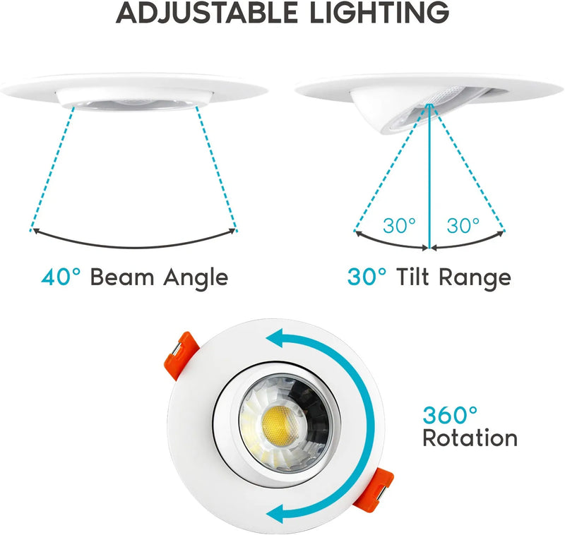 Luxrite 3 Inch Adjustable LED Gimbal Recessed Lighting with Junction Box, 3 Color Selectable 3000K | 4000K | 5000K, 8W=50W, 600 Lumens, Dimmable Canless LED Downlight, IC Rated, Damp Rated