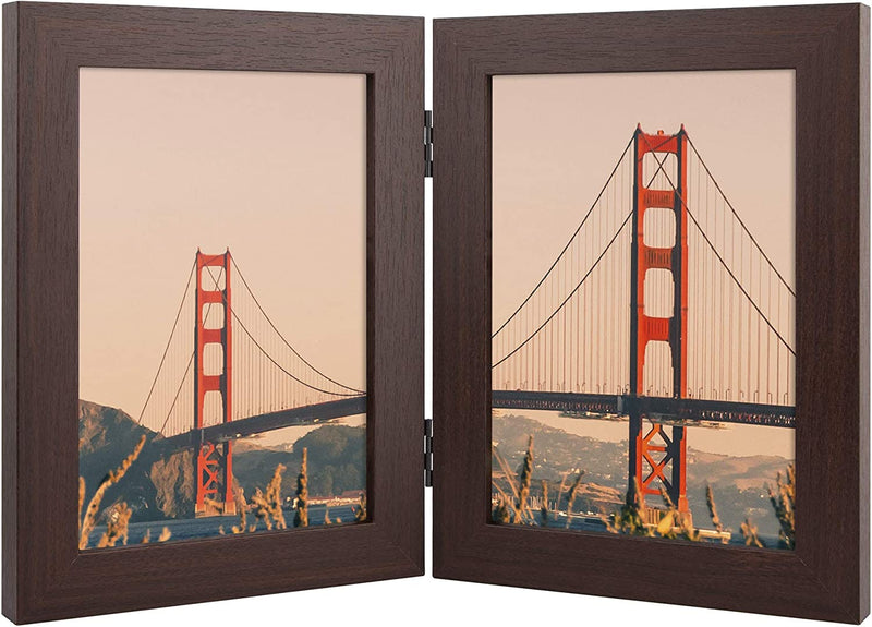 Frametory, 5X7 Hinged Picture Frame Displays 2 Photos, Double Frames with Glass, Side by Side Stands Vertically on Tabletop (Black) Home & Garden > Decor > Picture Frames Frametory Brown 5x7 (1-Pack) 