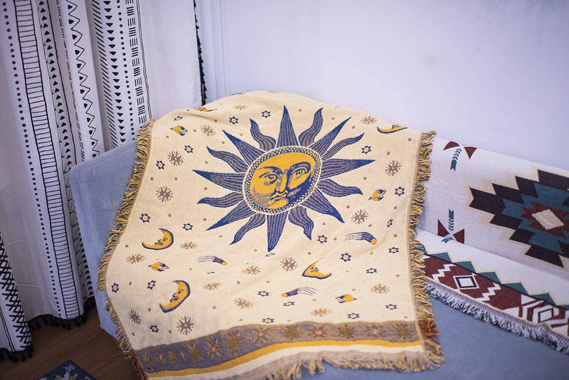 Erke 35"X60" Sun and Moon Stars Cushion Cover for Sofa Loveseat Slipcover Chair Furniture Protector Decor, Hippie Room Decorative Wall Hanging Celestial Tapestry (Yellow Blue, Small, 100% Cotton) Home & Garden > Decor > Chair & Sofa Cushions Erke   