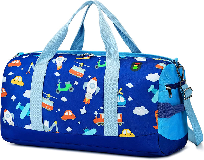 Duffle Bag for Kids Boys Girls Gym Sports Travel Bag Overnight with Shoe Compartment and Wet Pocket (Royal Blue - Vehicle)