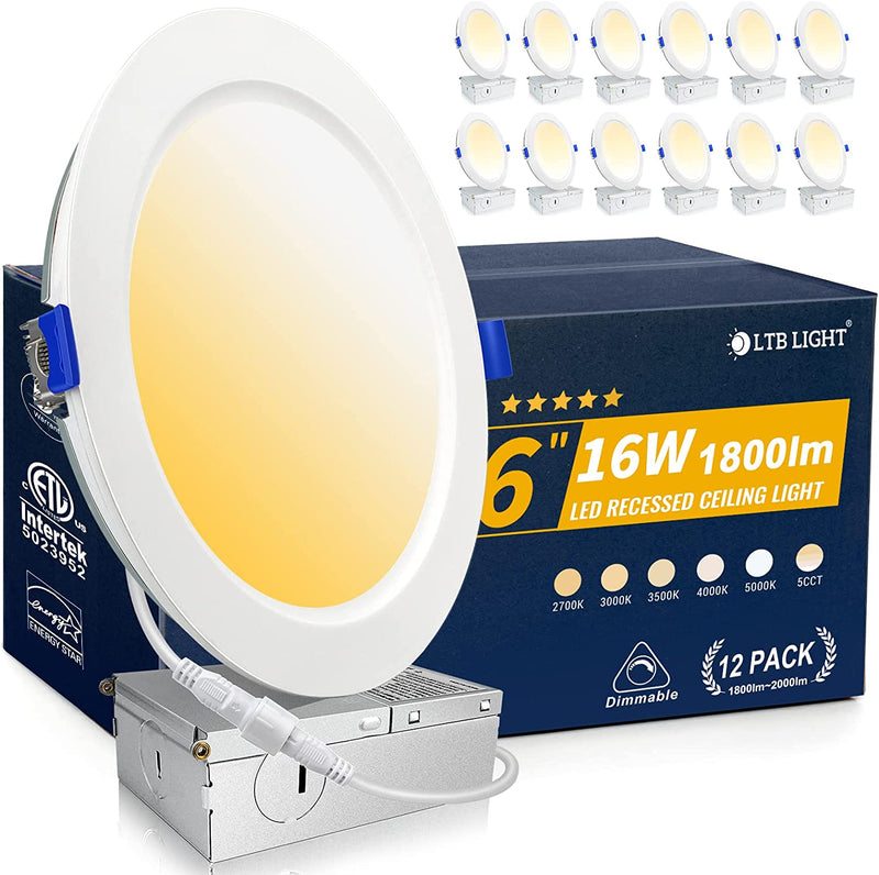 12 Pack 12W 1200LM 4 Inch Recessed Lighting with Junction Box,Eqv.150W,5000K,Retrofit Recessed Light, Dimmable, Ultra-Thin LED Can Lights,Canless Wafer Downlight -ETL & Energy Star Certified Home & Garden > Lighting > Flood & Spot Lights LTBLIGHT 5000k - Daylight 6 Inch 16W 