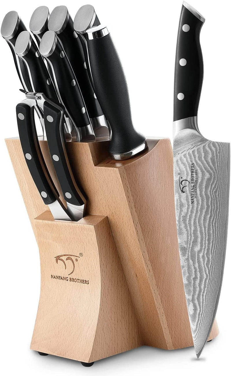 NANFANG BROTHERS Knife Set, 9-Piece Damascus Kitchen Knife Set with Block, ABS Ergonomic Handle for Chef Knife Set, Knife Sharpener and Kitchen Shears, Knife Block Set Home & Garden > Kitchen & Dining > Kitchen Tools & Utensils > Kitchen Knives NANFANG BROTHERS Black/Natural 9 Pieces 