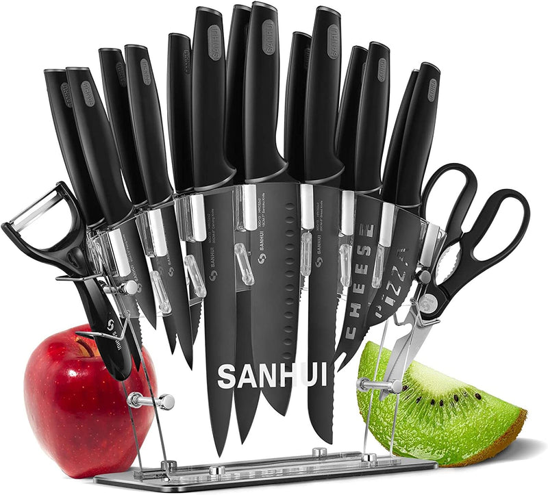 SANHUI 17 in 1 Black Knife Sets Acrylic Stand Stainless Steel Kitchen Knife Set with Block Contain 8 Piece Chef Knife Set 6-Piece Black Steak Knives with Scissor and Vegetable Peeler Knife Home & Garden > Kitchen & Dining > Kitchen Tools & Utensils > Kitchen Knives guangdong sanhuijingmao youxiangongsi Black 17pcs 