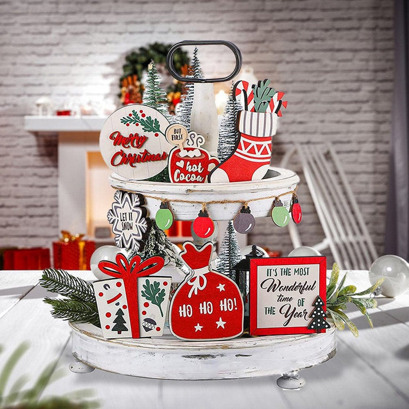 7Pcs Christmas Tiered Tray Decor, Xmas Wooden Signs Decorations for Kitchen Home Table Holiday Party Supplies,Tray Not Include Type A  YELITE Type A  