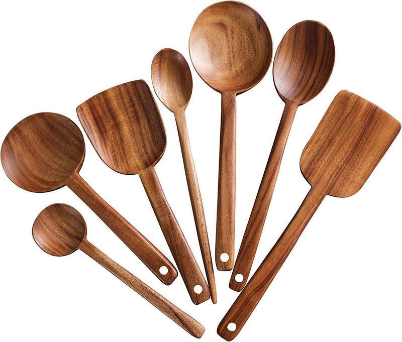 7Pcs Long Handle Wooden Cooking Utensil Set Non-Stick Pan Kitchen Tool,Nayahose Wooden Cooking Spoons and Spatulas by Ubae (7Pcs Set)