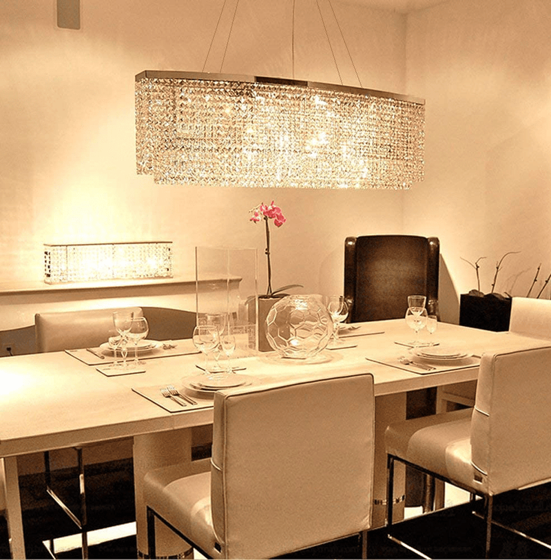 7PM Rectangle Crystal Chandelier Modern Chrome Pendant Light Contemporary Clear Beads Ceiling Lighting Fixture for Dining Room Living Room