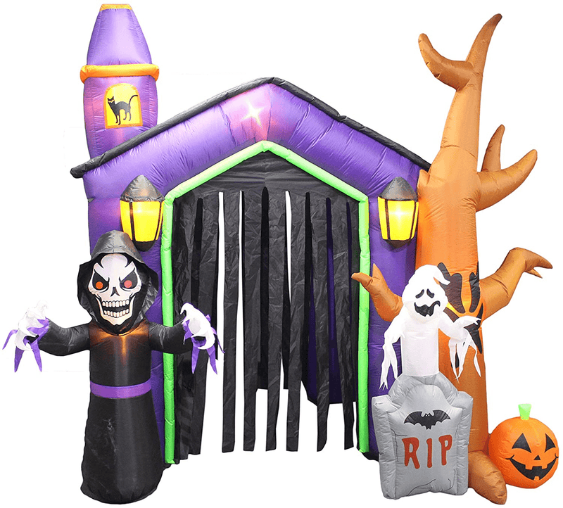 8.5 Foot Halloween Inflatable Haunted House Castle with Skeleton, Ghost & Skulls