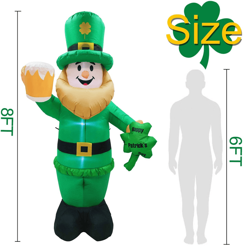8 Foot St Patricks Day Inflatable St Patricks Day Decorations Outdoor Giant Inflatable Leprechaun with LED Light Holding Shamrocks Beer for Irish Day Yard Decoration Lucky Decor Fun Holiday Blow Up