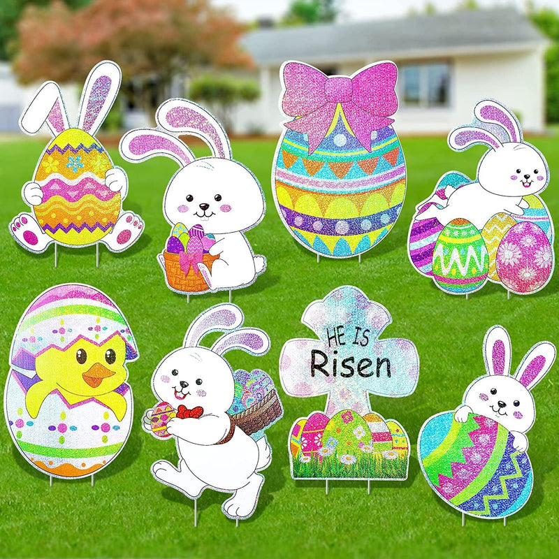 8 Pack Easter Yard Decoration Colorful Easter Yard Stakes Weather Resistant Easter Eggs Bunny Chick Outdoor Decor Easter Egg Hunt Signs Easter Garden Decorations with Stakes for Lawn Yard Garden Decor
