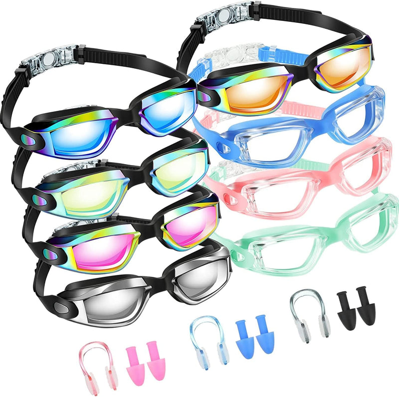 8 Pack Swim Goggles No Leaking Swimming Goggles for Adults UV Protection Pool Goggles anti Fog Swimming Glasses with Waterproof Nose Clips and Earplugs for Men Women Youth Kids, Multicolor