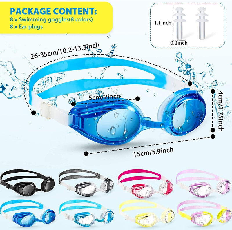 8 Pcs Swim Goggles, Adjustable Silicone Swimming Goggles Crystal Clear Swim Glasses for Children and Teens