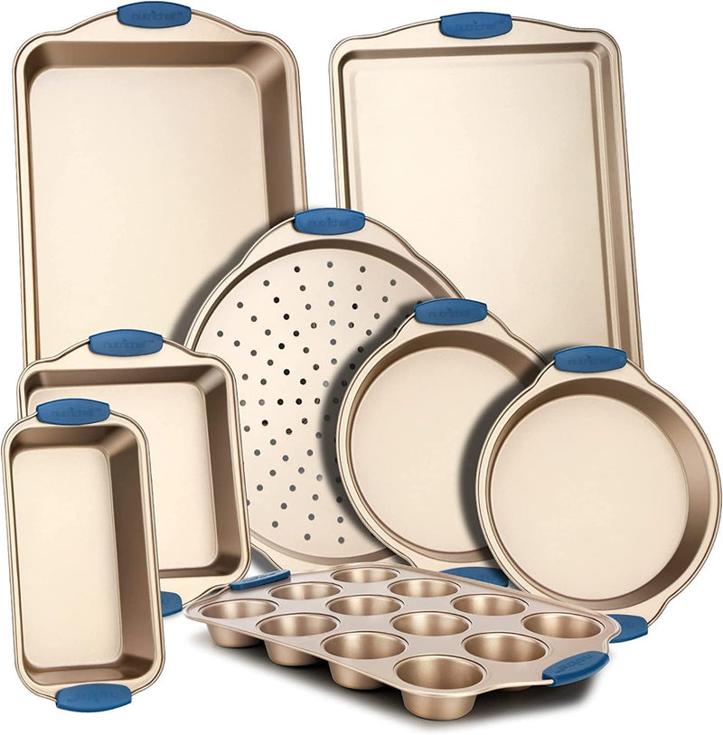 8-Piece Nonstick Bakeware Set - PFOA, PFOS, Ptfe-Free Carbon Steel Baking Trays W/ Heatsafe Blue Silicone Handles, Oven Safe up to 450°F, Pizza Loaf Muffin Round/Square Pans, Cookie Sheet Home & Garden > Kitchen & Dining > Cookware & Bakeware NutriChefKitchen 8 Piece Set  