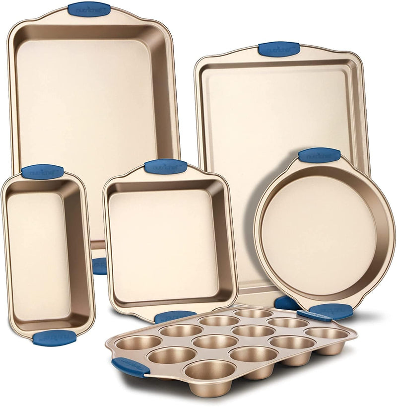 8-Piece Nonstick Bakeware Set - PFOA, PFOS, Ptfe-Free Carbon Steel Baking Trays W/ Heatsafe Blue Silicone Handles, Oven Safe up to 450°F, Pizza Loaf Muffin Round/Square Pans, Cookie Sheet Home & Garden > Kitchen & Dining > Cookware & Bakeware NutriChefKitchen 6 Piece Set  
