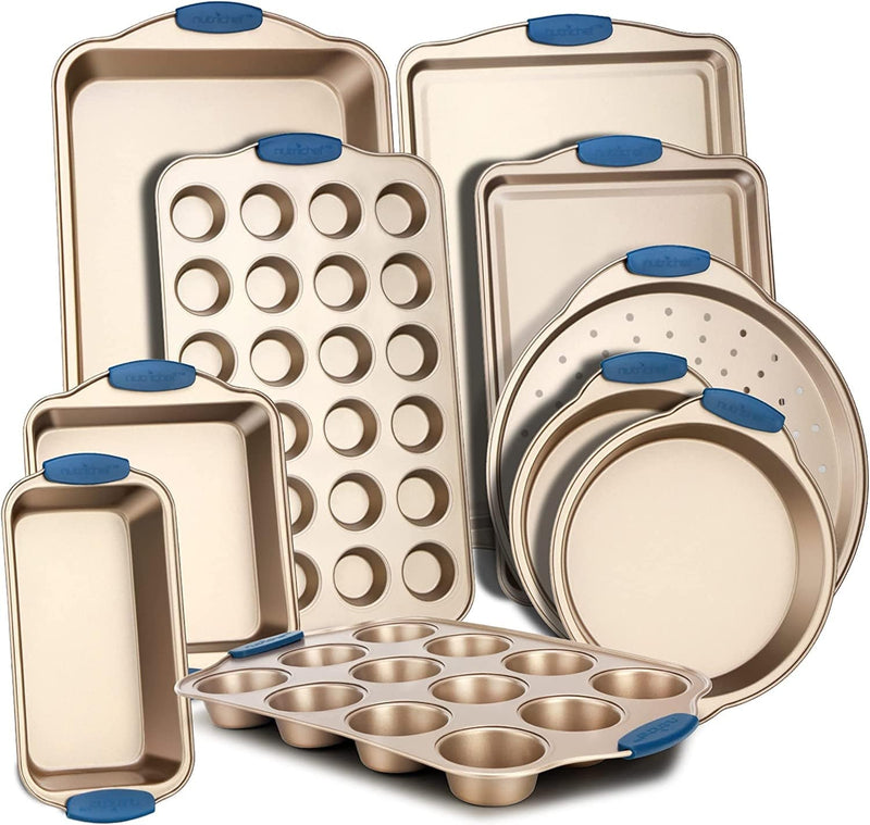 8-Piece Nonstick Bakeware Set - PFOA, PFOS, Ptfe-Free Carbon Steel Baking Trays W/ Heatsafe Blue Silicone Handles, Oven Safe up to 450°F, Pizza Loaf Muffin Round/Square Pans, Cookie Sheet Home & Garden > Kitchen & Dining > Cookware & Bakeware NutriChefKitchen 10 Piece Set  
