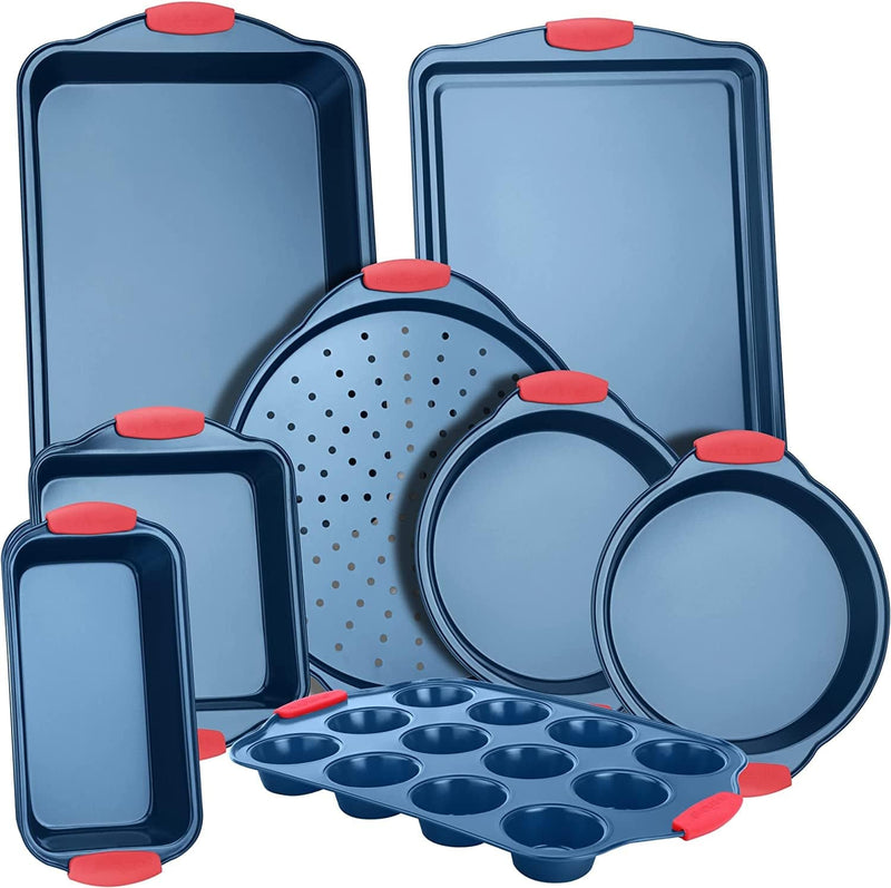 8-Piece Nonstick Bakeware Set - PFOA, PFOS, Ptfe-Free Carbon Steel Baking Trays W/ Heatsafe Silicone Handles, Oven Safe up to 450°F, Pizza Loaf Muffin Round/Square Pans, Cookie Sheet Home & Garden > Kitchen & Dining > Cookware & Bakeware NutriChef 8 Piece set  