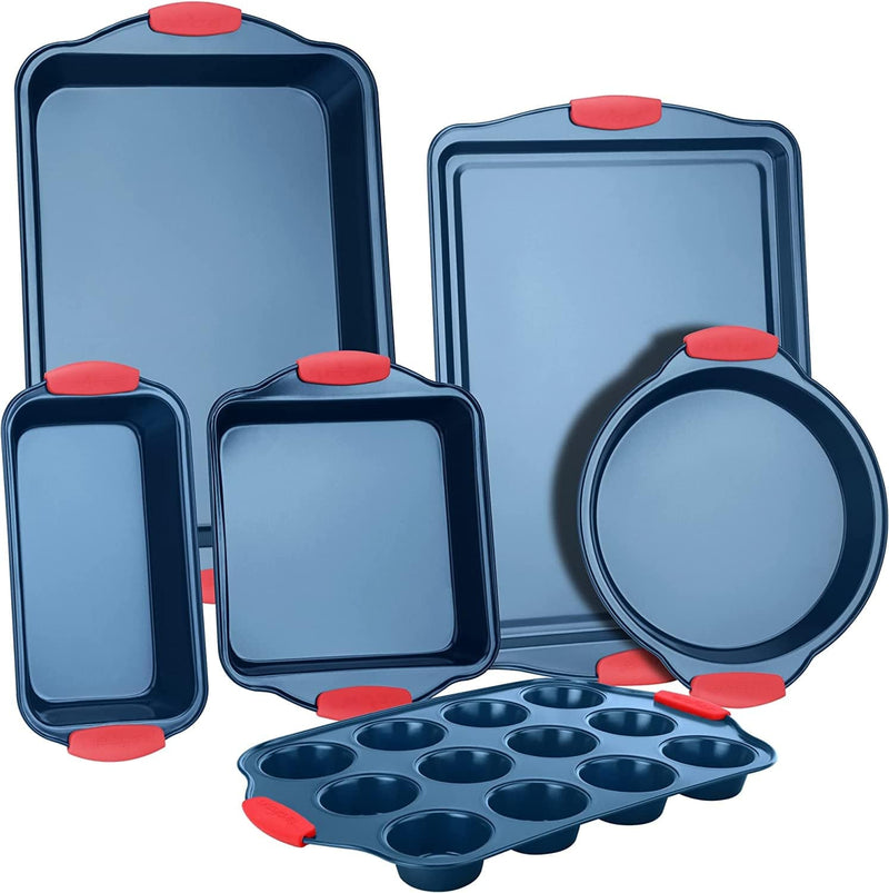 8-Piece Nonstick Bakeware Set - PFOA, PFOS, Ptfe-Free Carbon Steel Baking Trays W/ Heatsafe Silicone Handles, Oven Safe up to 450°F, Pizza Loaf Muffin Round/Square Pans, Cookie Sheet
