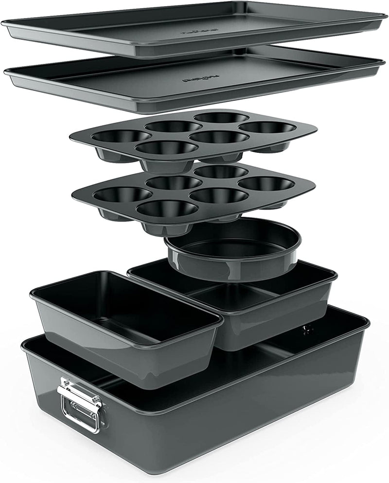 8-Piece Nonstick Stackable Bakeware Set - PFOA, PFOS, PTFE Free Baking Tray Set W/ Non-Stick Coating, 450°F Oven Safe, round Cake, Loaf, Muffin, Wide/Square Pans, Cookie Sheet (Plum) Home & Garden > Kitchen & Dining > Cookware & Bakeware NutriChef Gray  