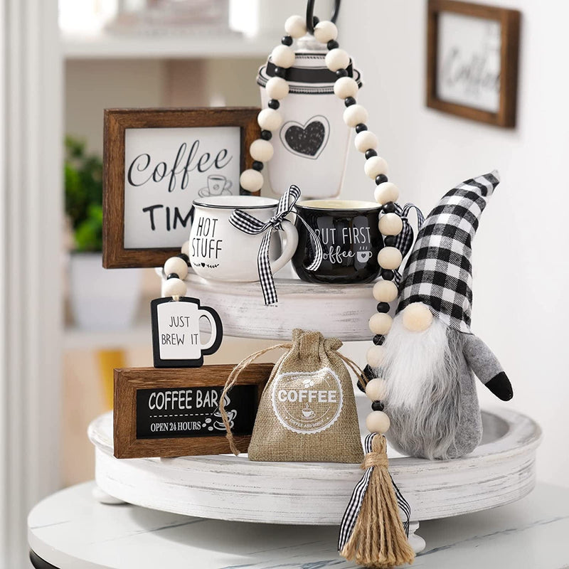 8 Pieces Coffee Bar Decor Sign Farmhouse Tiered Tray Decors,Coffee Wooden Sign Mini Coffee Mug Wooden Beads Garland for Rustictiered Tray Kitchen Table Decoration Home & Garden > Decor > Seasonal & Holiday Decorations Yalikop   