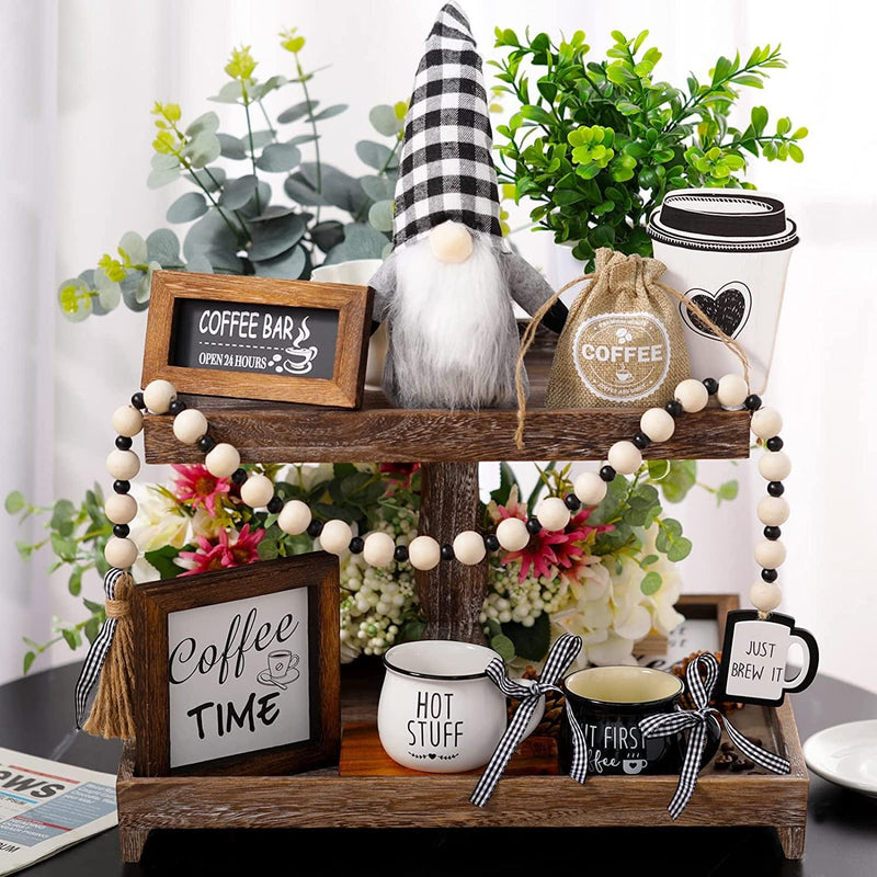 8 Pieces Coffee Bar Decor Sign Farmhouse Tiered Tray Decors,Coffee Wooden Sign Mini Coffee Mug Wooden Beads Garland for Rustictiered Tray Kitchen Table Decoration
