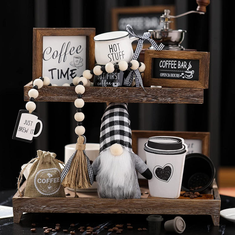 8 Pieces Coffee Bar Decor Sign Farmhouse Tiered Tray Decors,Coffee Wooden Sign Mini Coffee Mug Wooden Beads Garland for Rustictiered Tray Kitchen Table Decoration
