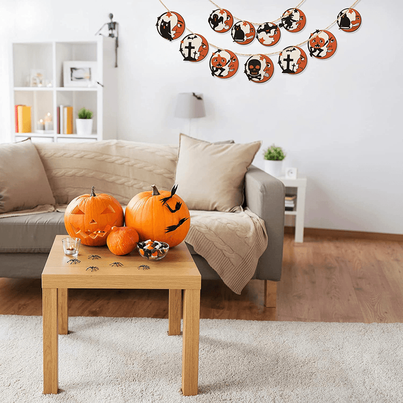 8 Pieces Man Moon Halloween Wooden Pendant Vintage Halloween Hanging Wooden Ornaments Hanging Wood Sign Decor with Pumpkin Bat Cat Ghost Cat Witch Skull for Home Party Craft Decoration
