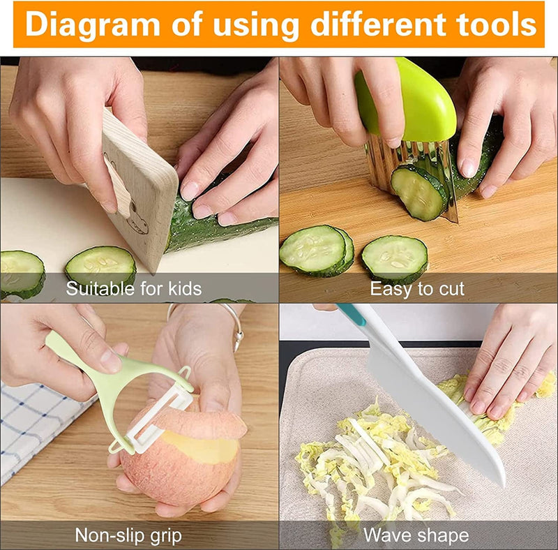8 Pieces Wooden Kids Kitchen Knives Set for Real Cooking Include 4 Plastic Toddler Safe Knives/Crinkle Cutter/Kids Cutting Board/Y-Peeler/Resistant Gloves for Cutting Veggies Fruit Cake Salad Bread Home & Garden > Kitchen & Dining > Kitchen Tools & Utensils > Kitchen Knives PUPOUSE   