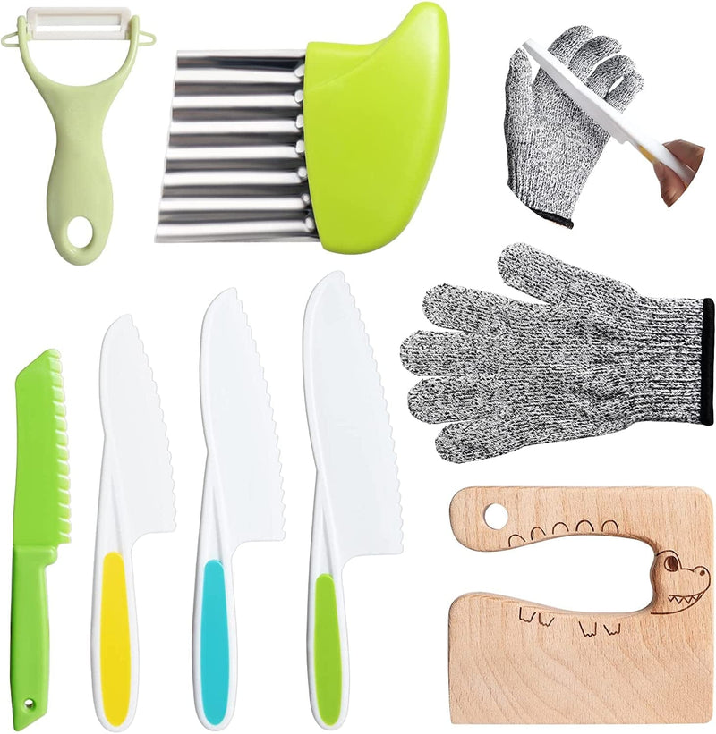 8 Pieces Wooden Kids Kitchen Knives Set for Real Cooking Include 4 Plastic Toddler Safe Knives/Crinkle Cutter/Kids Cutting Board/Y-Peeler/Resistant Gloves for Cutting Veggies Fruit Cake Salad Bread Home & Garden > Kitchen & Dining > Kitchen Tools & Utensils > Kitchen Knives PUPOUSE cartoon crocodile  