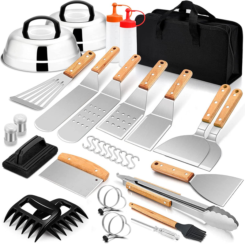 Joyfair 35Pcs Griddle Accessories Kit, Stainless Steel Outdoor BBQ Grill Tool Set with Melting Dome, Professional Heavy Duty Turner Spatula with Wooden Handle for Flattop Teppanyaki Camping Cooking