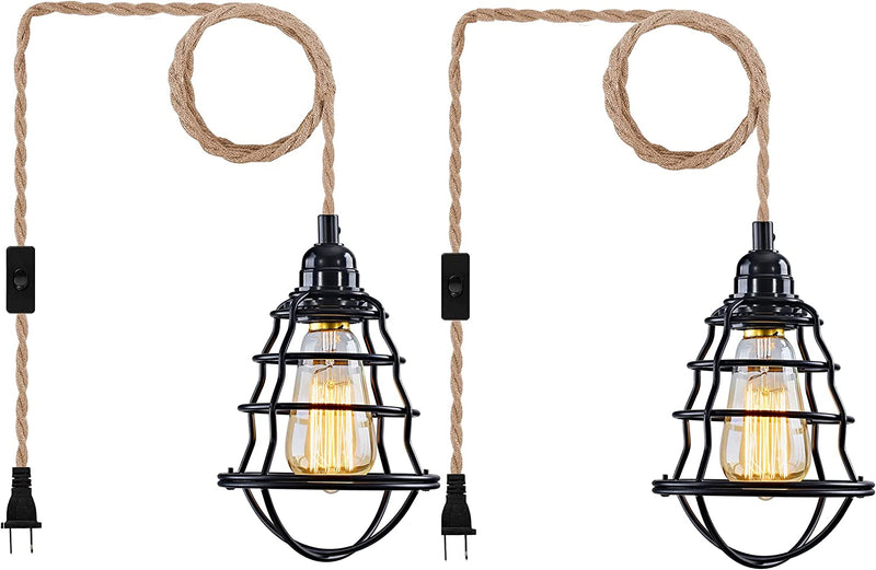 HXMLS Plug in Pendant Light,Hanging Lights with Plug in Cord 14Ft Hemp Rope Hanging Lamp Cage Lampshade Pendant Lighting Fixtures with Dimmable Switch for Living Room Bedroom Kitchen Island(2Pack) Home & Garden > Lighting > Lighting Fixtures HXZM Black-2 2 