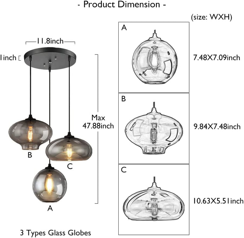 LUOLAX Modern Kitchen Island Light, Hanging Cluster Pendant Lighting with 3 Electroplated Grey Glass Globes Ceiling Light Fixtures Adjustable for Dining Room Entrance Stairwell, E26 Bulb Base Included Home & Garden > Lighting > Lighting Fixtures LUOLAX   