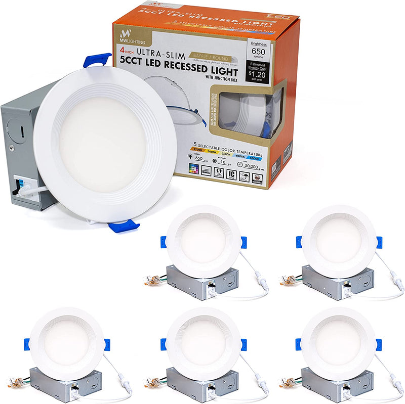 Mw 4 Inch Canless 5 Selectable Color Temperature Ultra-Slim Baffle round LED Downlight with Junction Box, 2700/3000/3500/4000/5000K, Dimmable, 650LM, Energy Star Home & Garden > Lighting > Flood & Spot Lights MW LIGHTING 6 PK  