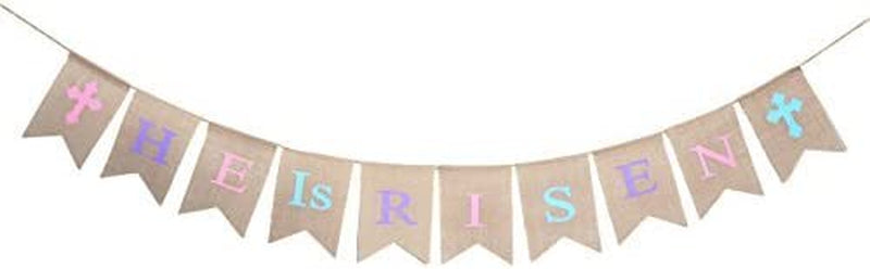 LUOEM Easter Banners Happy Easter Decorations HE IS RISEN Burlap Jute Bunting Banners Garland Easter Party Decors Favors Home & Garden > Decor > Seasonal & Holiday Decorations LUOEM   