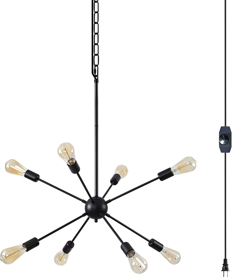 HOXIYA Dimmable 26.3" Modern Plug in Sputnik Chandelier with Cord, Brushed Brass 8-Lights Pendant Light Fixture, Midcentury Hanging Ceiling Lighting for Foyer, Entryway, Bedroom, Dining Room, Kitchen