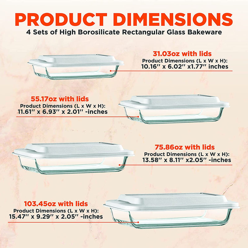 Rectangular Glass Bakeware Set - 4 Sets of High Borosilicate with PE Lid, Heat-Resistant, Non-Slip Design, Convenient to Use & Easy to Clean, Elegant Design, Color White - SL4PBK22 Home & Garden > Kitchen & Dining > Cookware & Bakeware SereneLife   